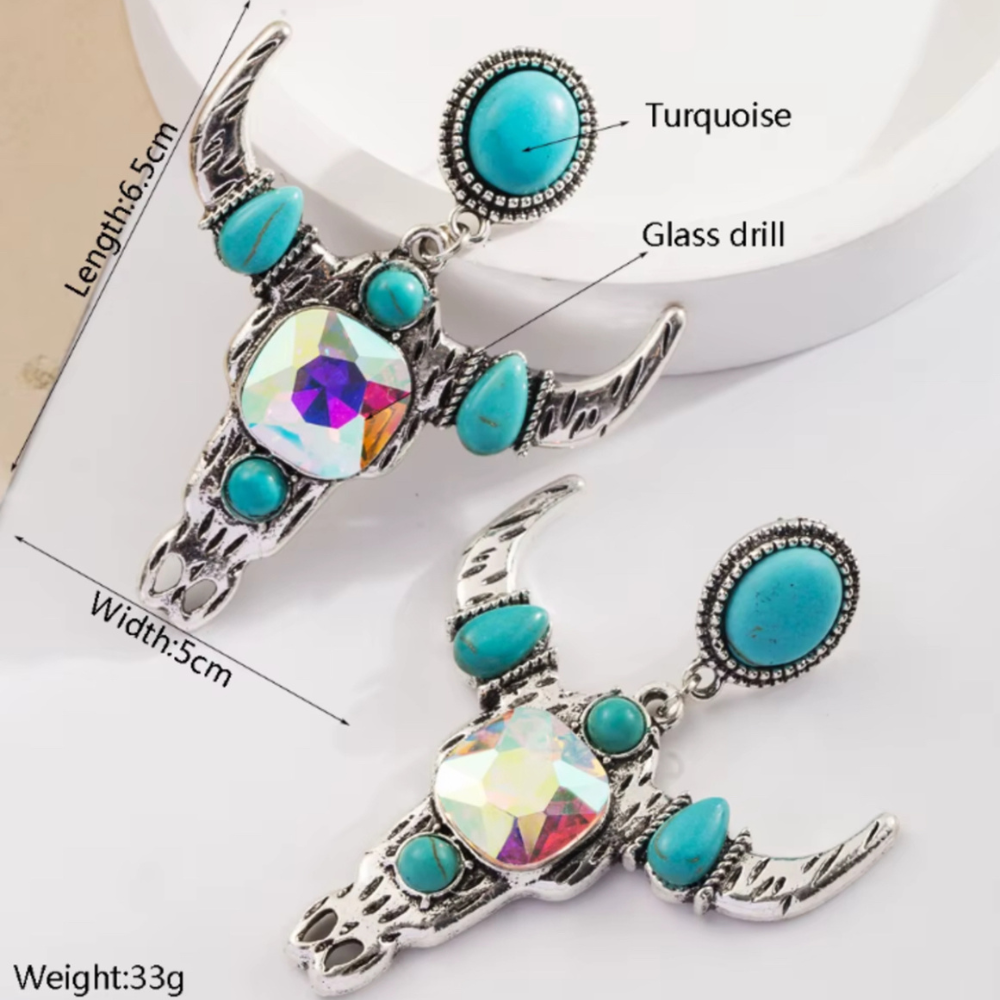 Aretes Vaqueros Craneo Toro Turquesa y Cristales