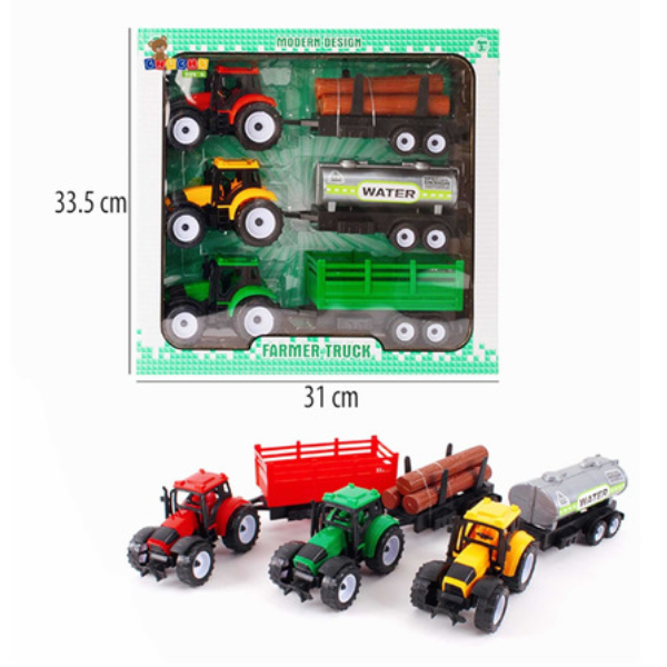 JUGUETE SET 3 TRACTORES DE FRICCION CON DIFERENTES CAJAS