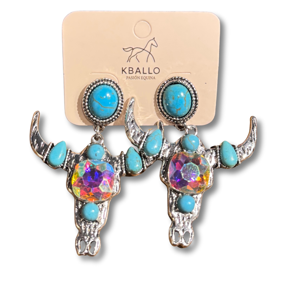 Aretes Vaqueros Craneo Toro Turquesa y Cristales