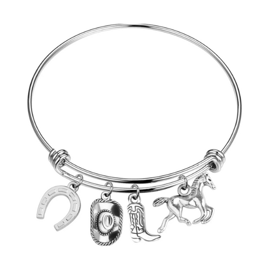 PULSERA ACERO VAQUERA CON CHARMS BOTA, SOMBRERO, HERRADURA