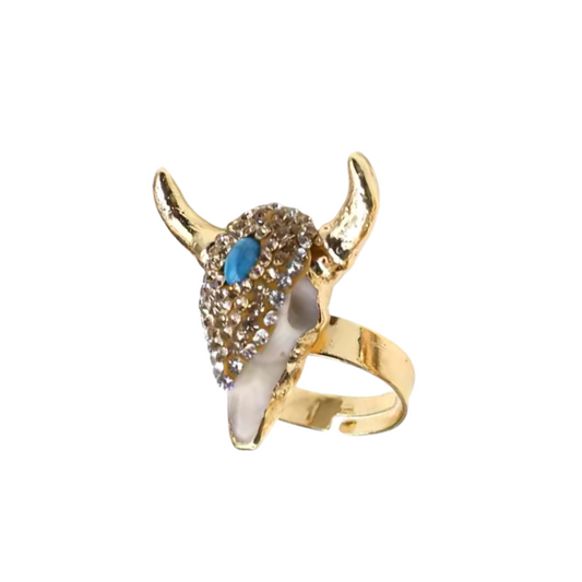 ANILLO TORO CHAPADO EN ORO 18 KILATES CON CRISTALES Y TURQUESA