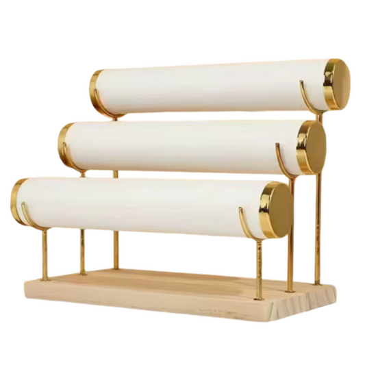 EXHIBIDOR PARA PULSERA DE 3 NIVELES MADERA Y TERCIOPELO BEIGE
