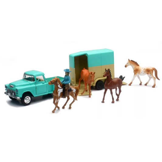 JUGUETE CAMIONETA CON REMOLQUE Y CABALLOS MENTA CHEVROLET CLASICA ESCALA 1:43