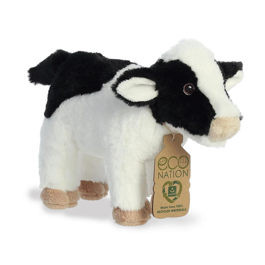 PELUCHE VACA REALISTA NEGRO CON BLANCO ECOLÓGICO 28CM