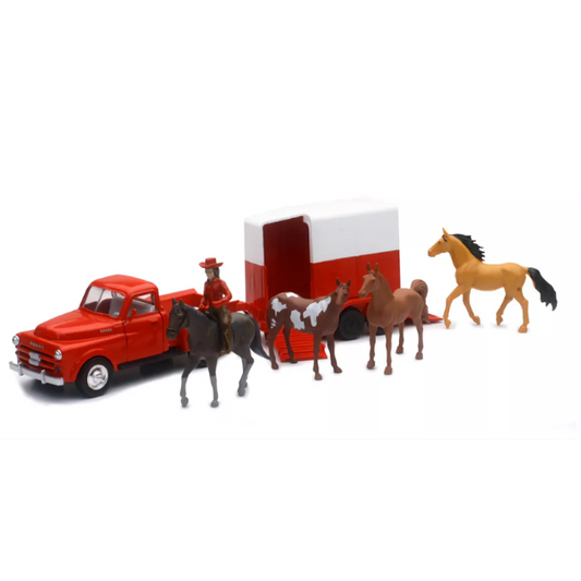 JUGUETE CAMIONETA CON REMOLQUE Y CABALLOS ROJA DODGE CLASICA ESCALA 1:43