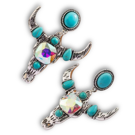 Aretes Vaqueros Craneo Toro Turquesa y Cristales