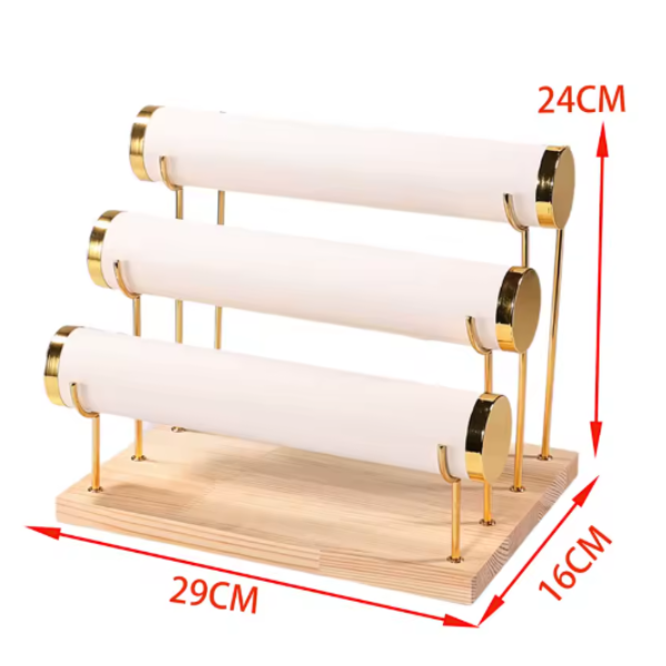 EXHIBIDOR PARA PULSERA DE 3 NIVELES MADERA Y TERCIOPELO BEIGE