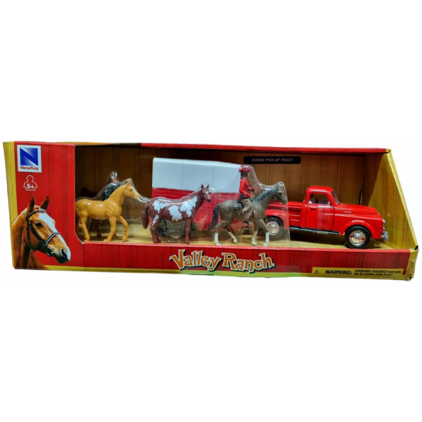 JUGUETE CAMIONETA CON REMOLQUE Y CABALLOS ROJA DODGE CLASICA ESCALA 1:43
