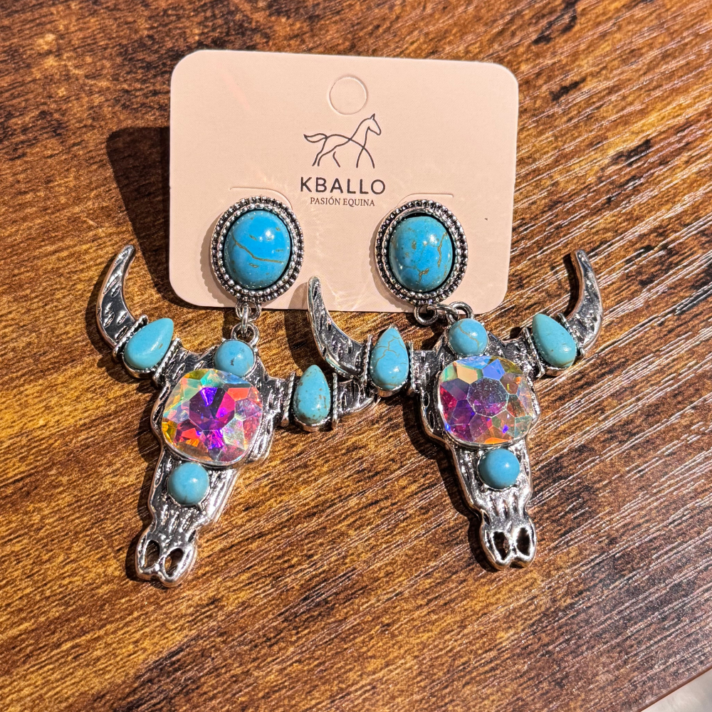 Aretes Vaqueros Craneo Toro Turquesa y Cristales