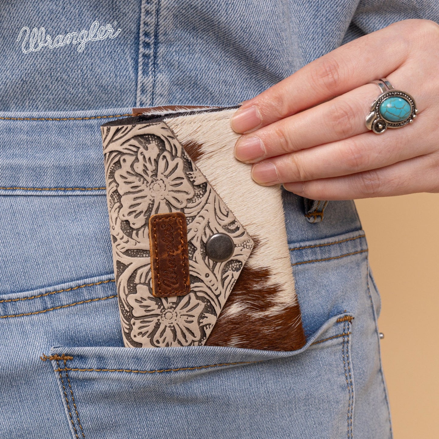 Tarjetero Wrangler de Piel Auténtica con Broche y Pelo Bronce WG224-W070TN